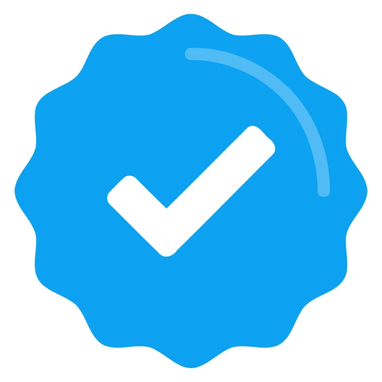 A blue checkmark inside a rounded badge with a subtle wave design