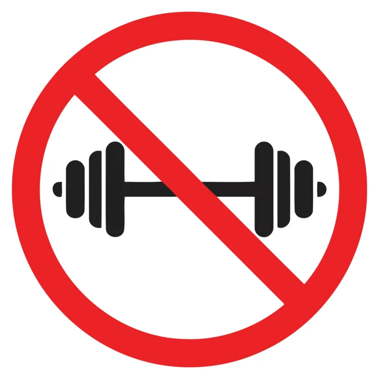Red prohibition sign with crossed dumbbells inside a circle