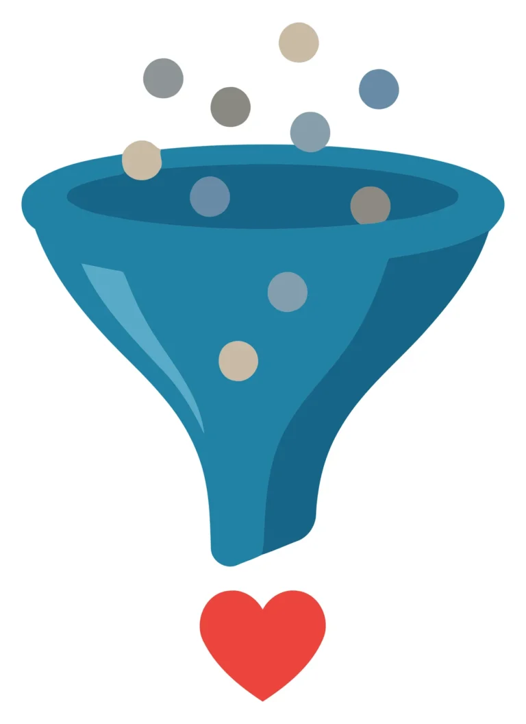 A blue funnel with colorful dots falling into it and a red heart at the bottom in an abstract vector design.