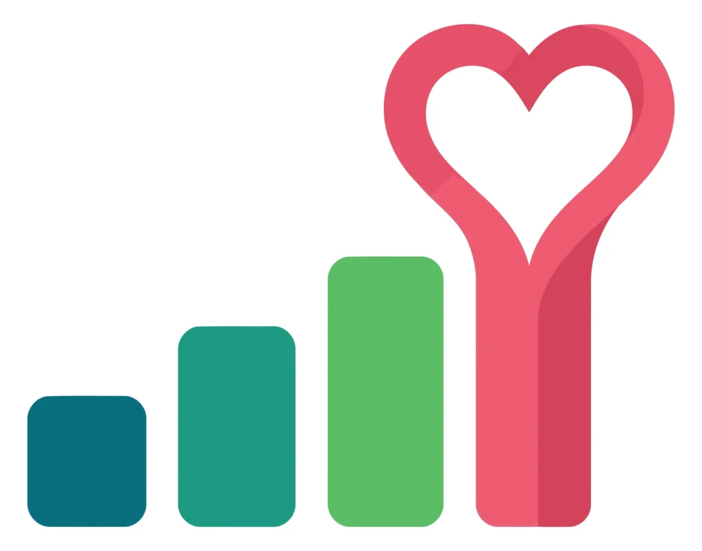 Abstract growth chart with heart icon A colorful abstract icon showing a growth chart with a heart attached to indicate positive progress or success.