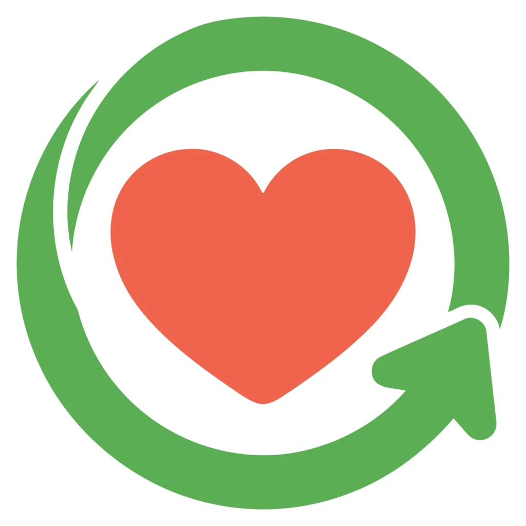 A green circular arrow icon with a red heart inside, symbolizing continuous care and support