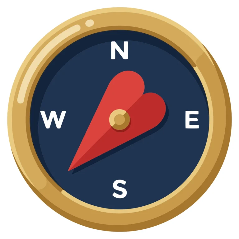 A stylized compass with a heart replacing the north arrow on a dark background