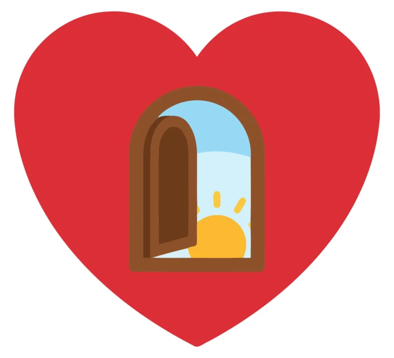 A red heart with an open door leading to a sunrise background