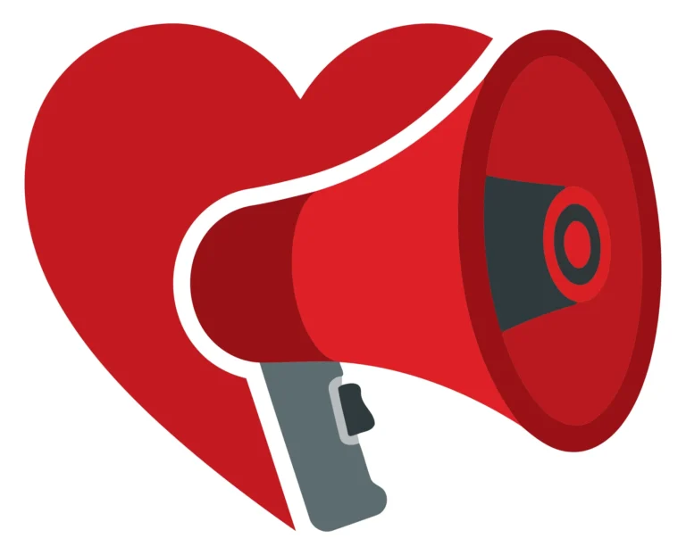 A red heart fused with a megaphone in an abstract vector design