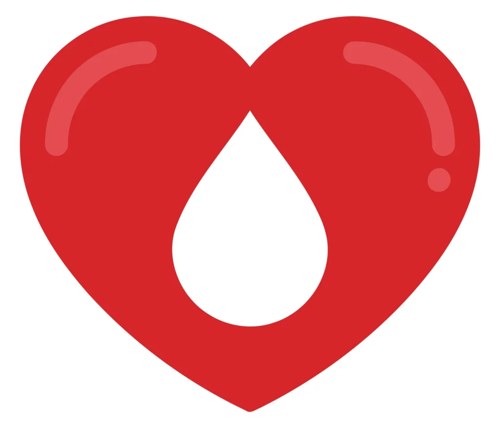 A red heart with a blood drop integrated inside, representing health and vitality