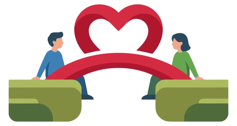 Two people standing on either side of a red heart bridge illustration symbolizing love and connection