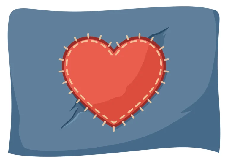 A red heart with stitches and damage on a blue abstract background