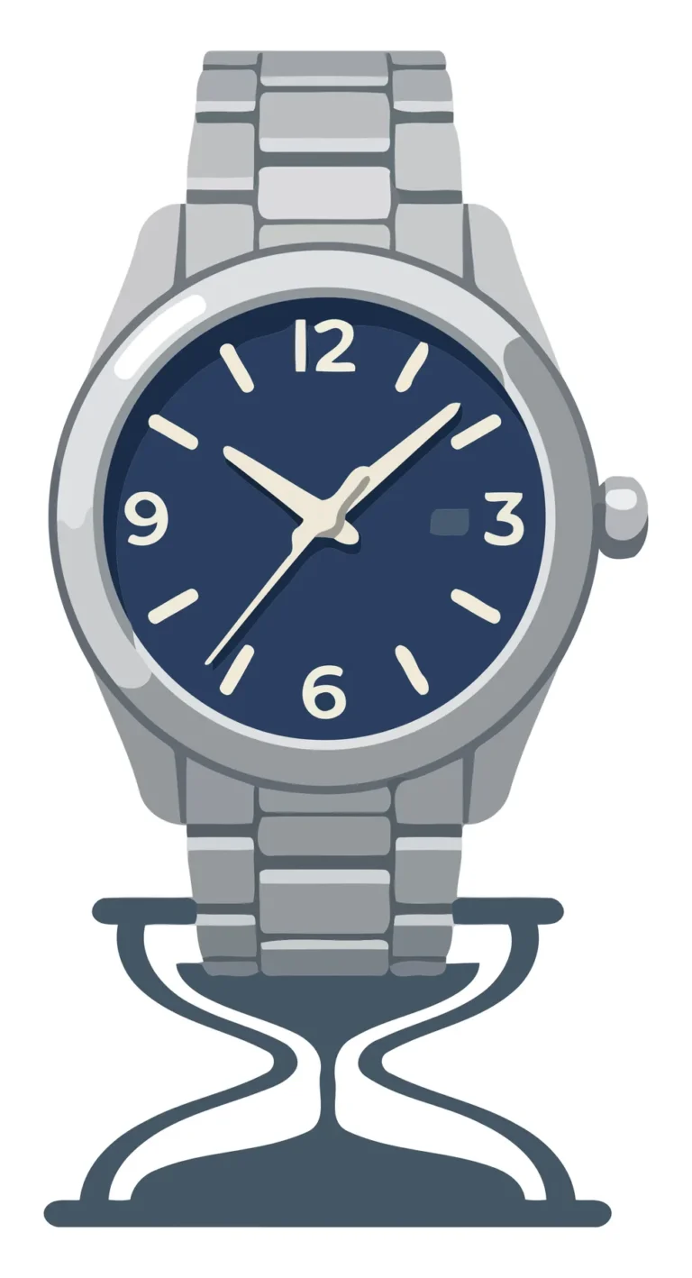 A stylized watch with a dark face and metallic band on a simple stand in a minimalist illustration