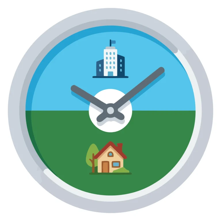 A minimalist vector icon showing a skyscraper and a house with clock hands on a blue and green background.