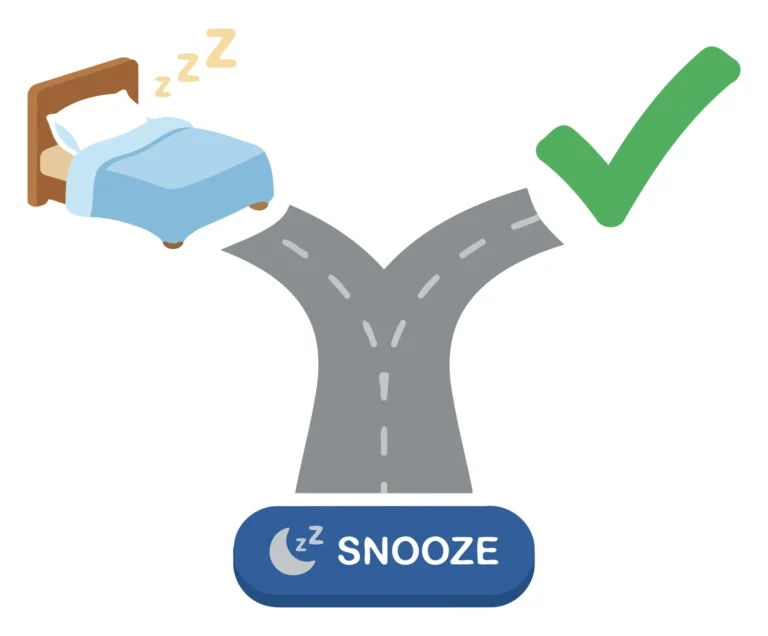 A cartoon illustration of a person sleeping at a road fork with a checkmark leading to snooze option.