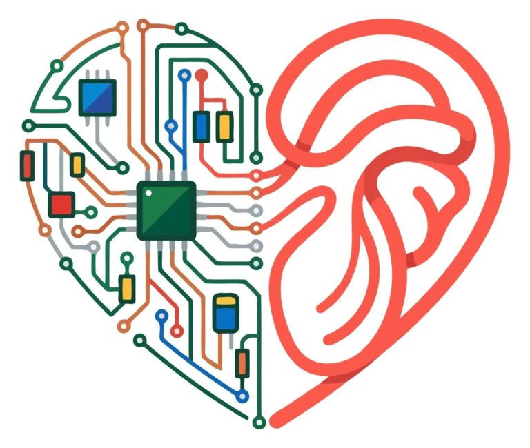 A stylized vector illustration of a heart shape with integrated brain and circuit elements representing technology and human thought.