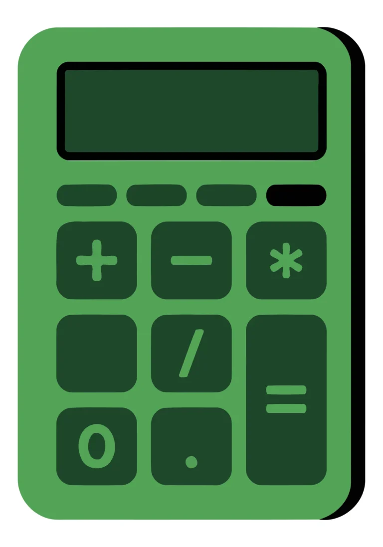 A flat design icon of a green calculator with math buttons
