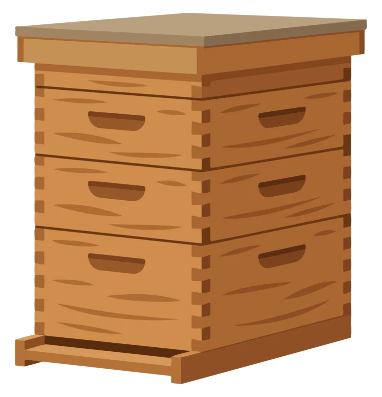 A stylized beehive with stacked frames showing honeycomb structure in a clean vector illustration.