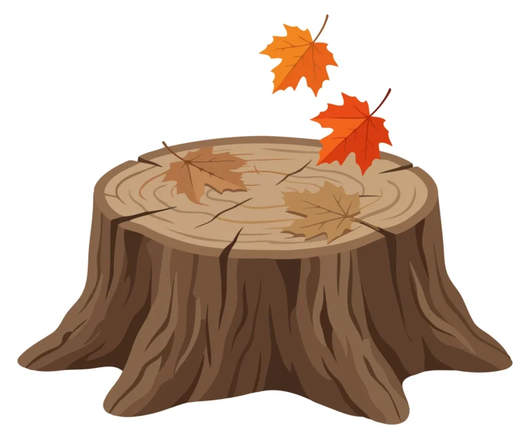 A tree stump with autumn leaves floating above it in an illustration style