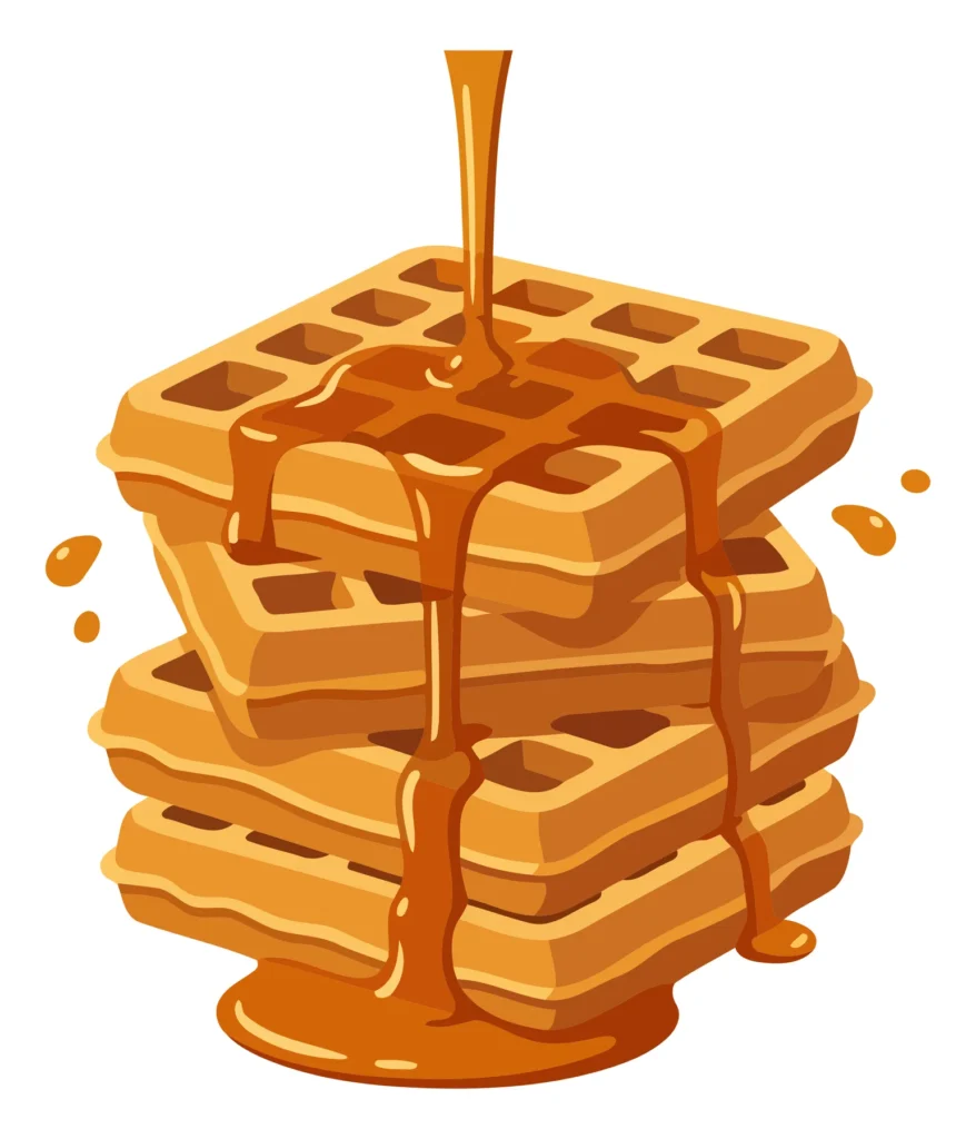 A stack of golden waffles with honey drizzling down in a stylized vector illustration