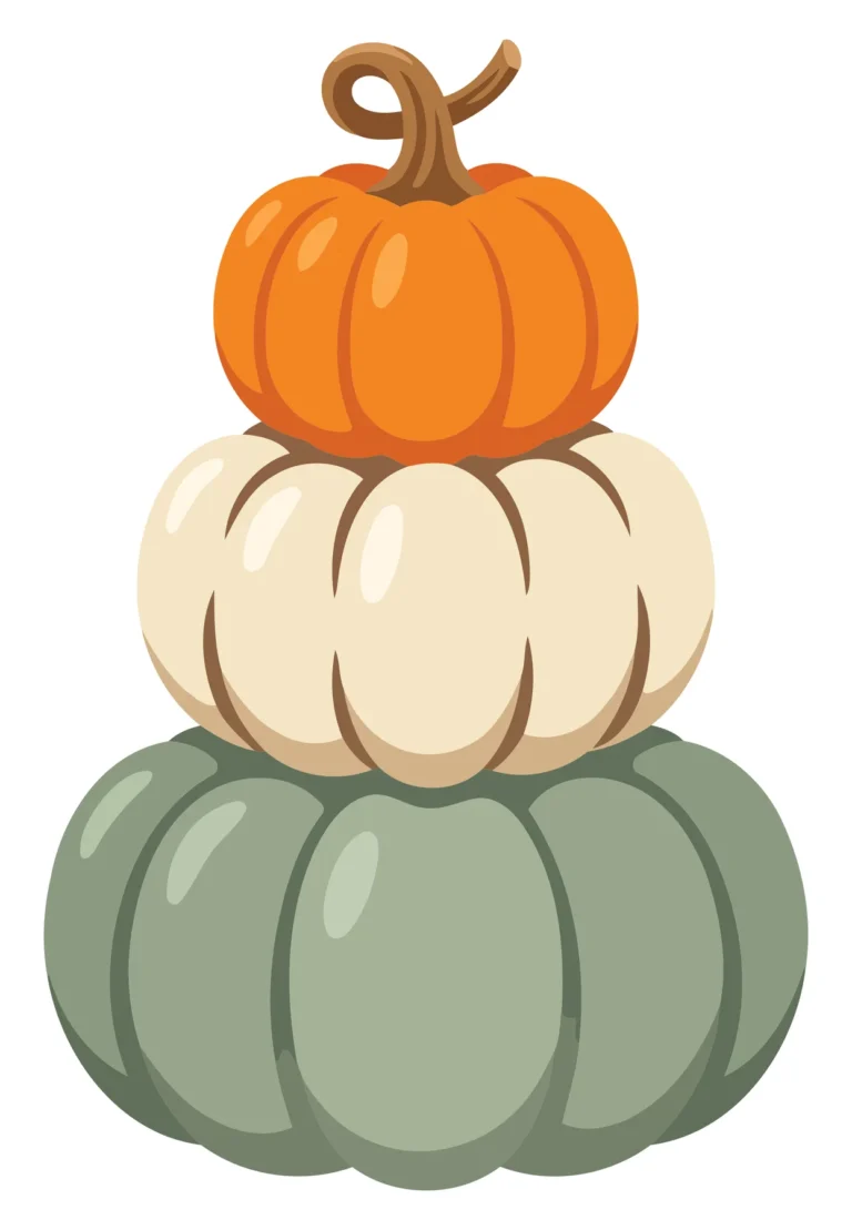 Three stacked pumpkins in orange, cream, and green colors with a natural stem on top