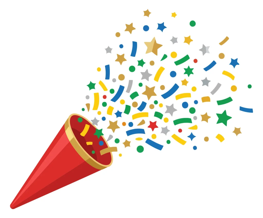 A red horn spouting colorful star confetti and geometric shapes in an abstract explosion style