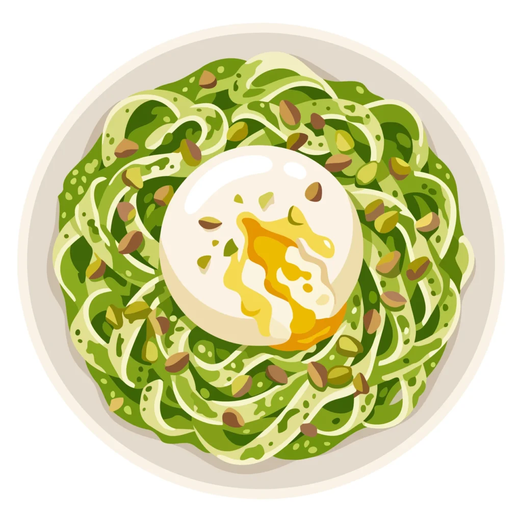 A plate with a poached egg on a bed of green vegetables and nuts