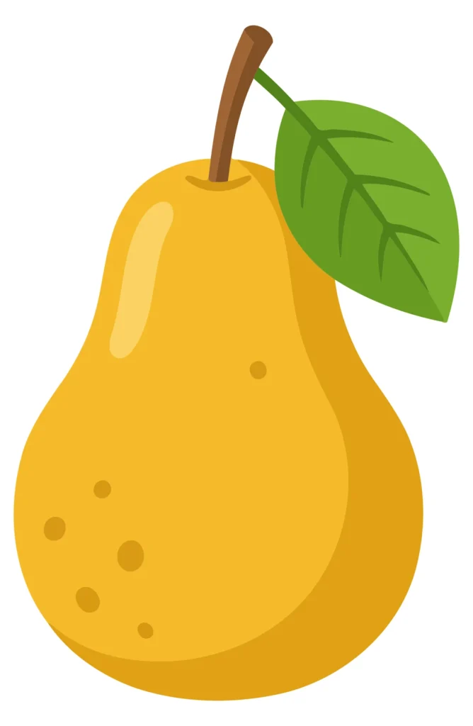 A stylized pear fruit with a green leaf on top in a vector illustration