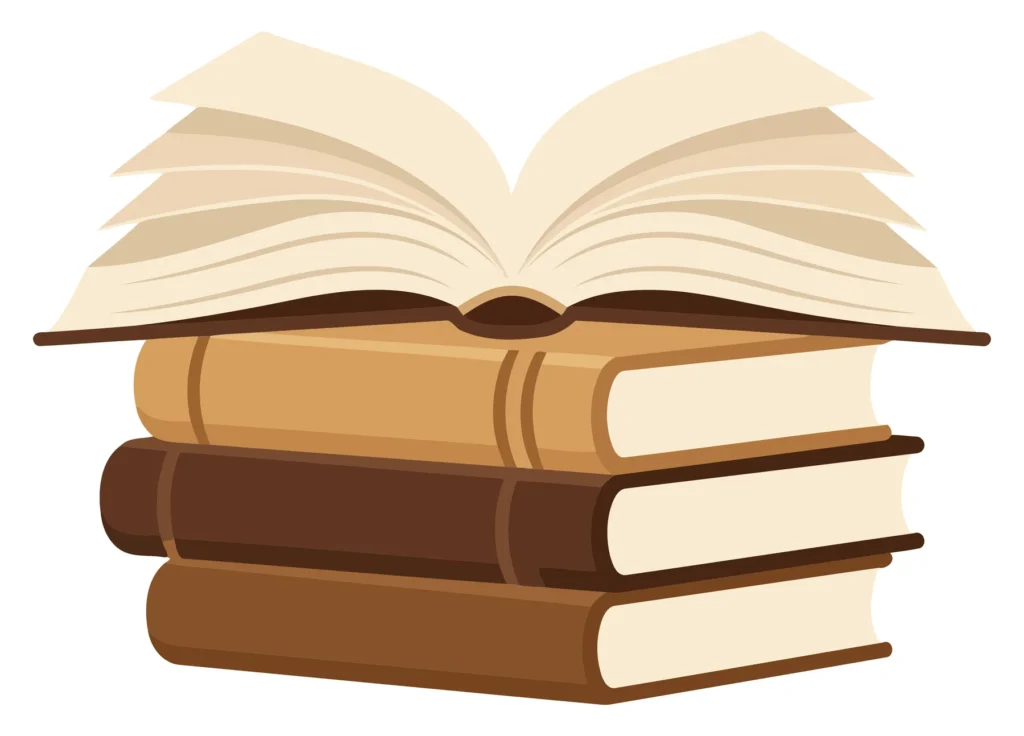 Three open books stacked on top of each other in a vintage illustration style