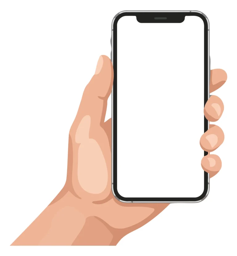 A hand holding a smartphone with a blank screen in a minimalist illustration style