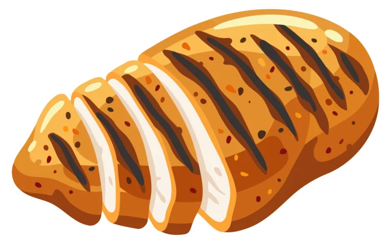 Cartoon illustration of sliced roasted meat with grill marks and charred edges