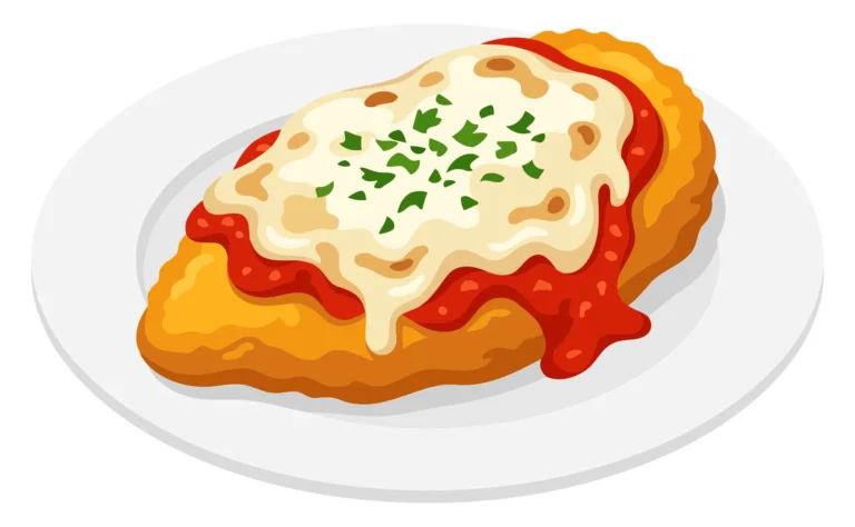 A stylized pizza slice with cheese, tomato sauce, and herbs on a white plate.