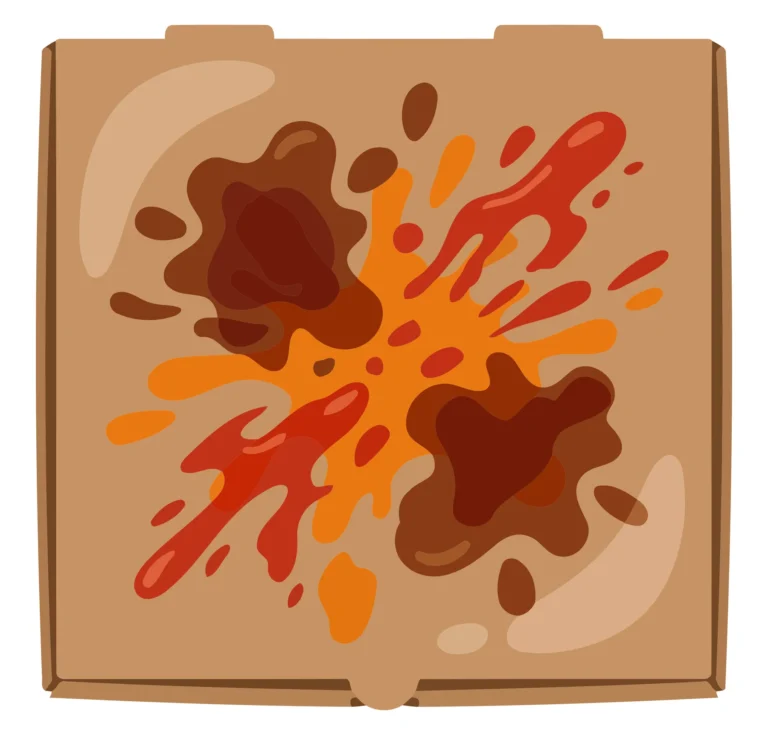 A colorful abstract pizza sauce splatter on a brown box background
