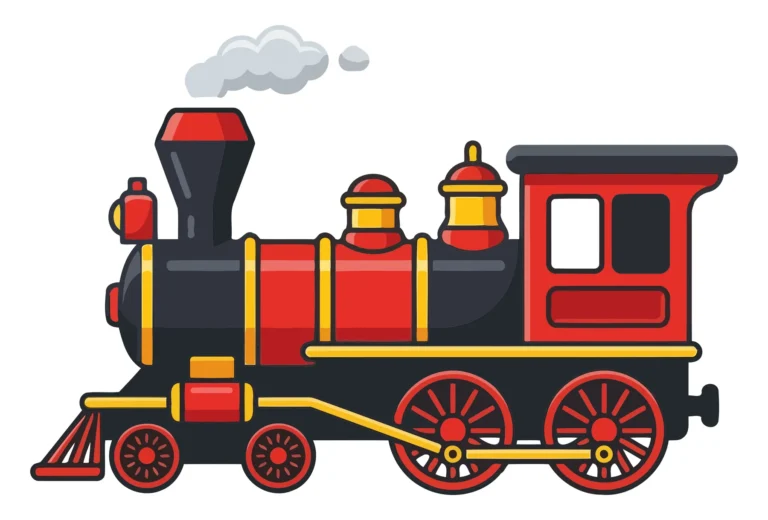 A stylized cartoon steam locomotive with red and black colors and yellow wheels
