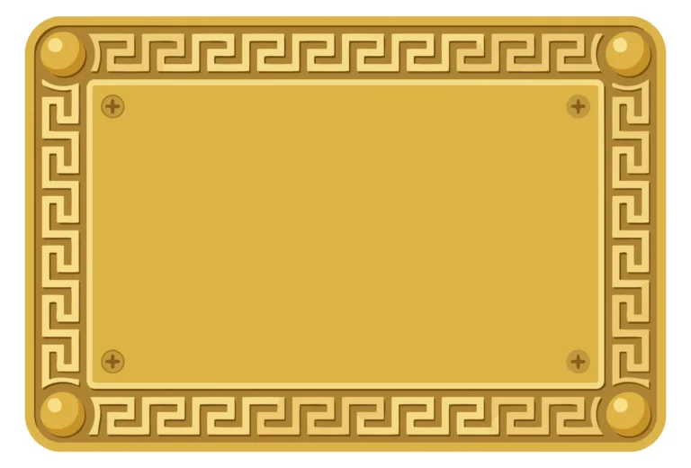 A golden decorative vector frame with a Greek key pattern and circular accents