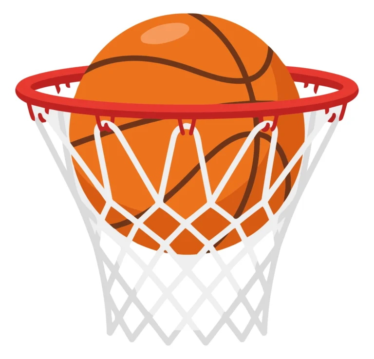 A minimalist vector illustration of a basketball hoop with an orange basketball inside