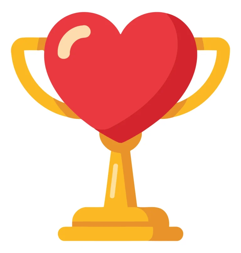A stylized heart-shaped trophy icon with a golden base and red heart design