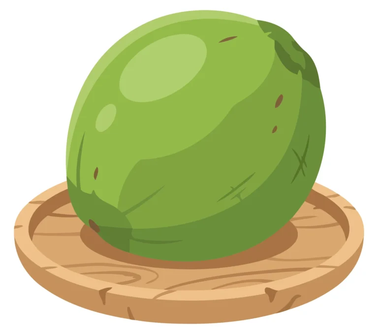 A green avocado illustration on a wooden plate