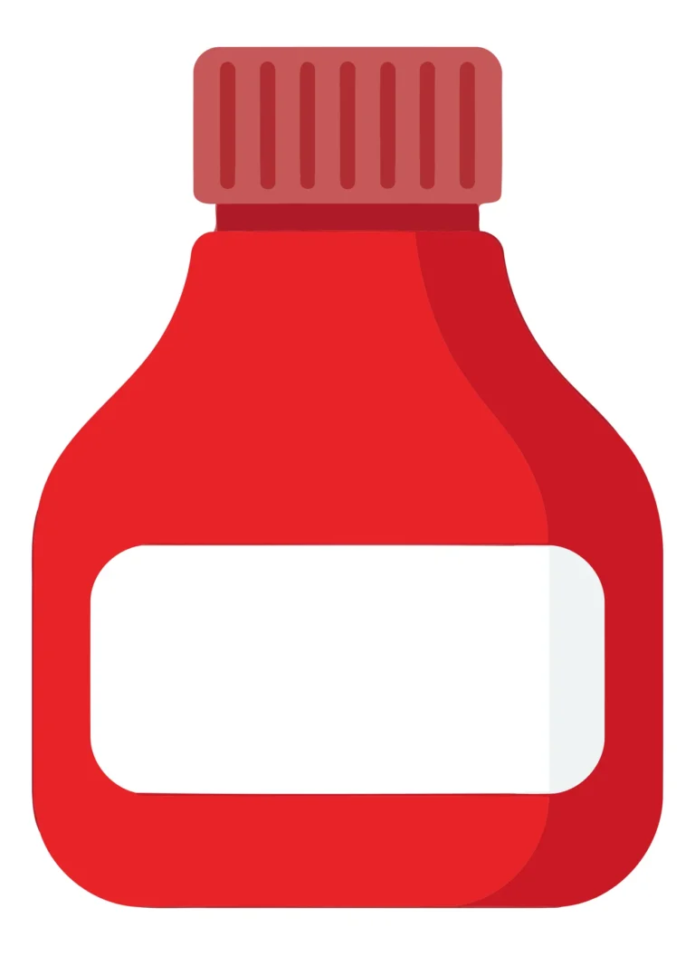 A red medical dropper bottle with a cap and blank label