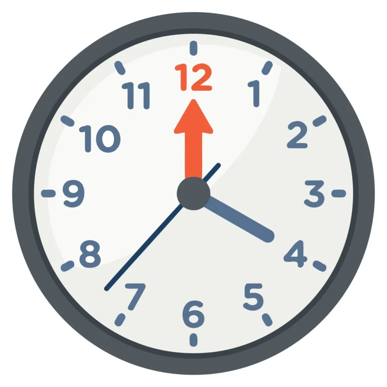 A minimalist clock with a red hour hand pointing to 12 on a white background.