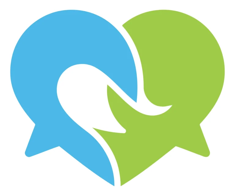 Two overlapping speech bubbles in blue and green colors forming a conversation icon