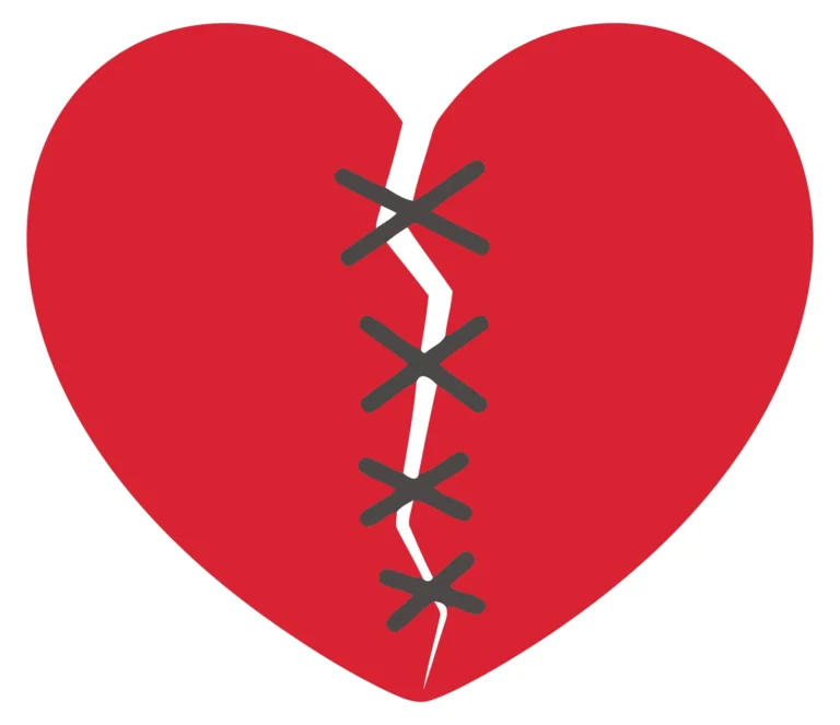 A red heart with a torn edge and stitches representing emotional healing and repair