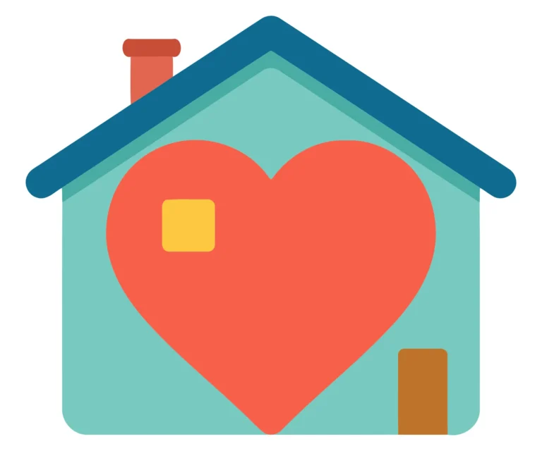 A simple vector illustration of a house with a heart shape on the front and a small chimney.