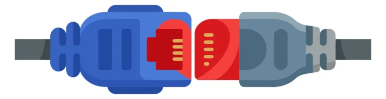 A stylized vector image of USB cable connectors in blue, red, and grey colors.
