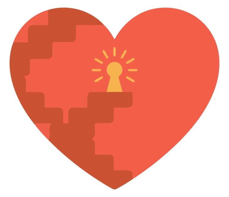 A stylized heart with a keyhole and light effect inside a broken puzzle piece design