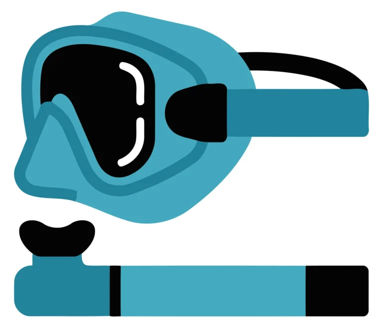 A stylized flat design illustration of a scuba mask and snorkel set in teal colors