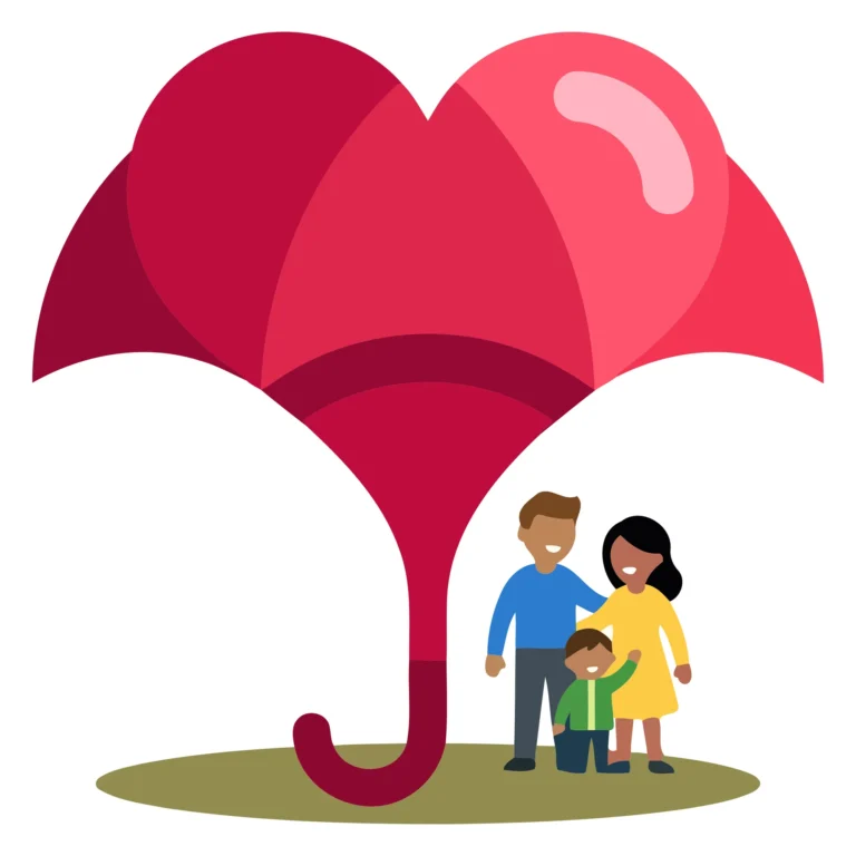 A family of three standing under a stylized pink umbrella illustration
