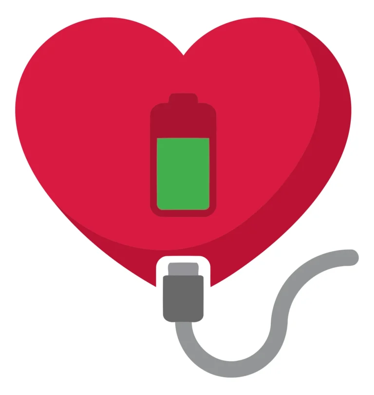 A red heart shape with a green battery icon inside, connected by a charging cable