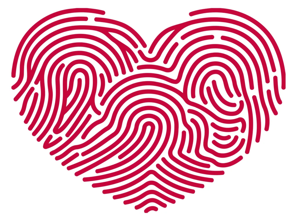 A stylized red heart with fingerprint patterns forming its shape