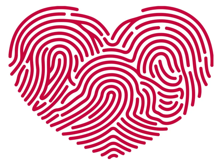 A stylized red heart with fingerprint patterns forming its shape