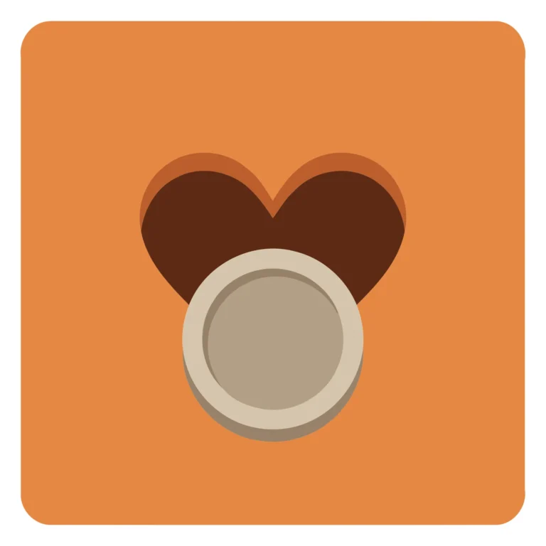 A minimalist icon showing a heart shape with gradient and a circular element on an orange background