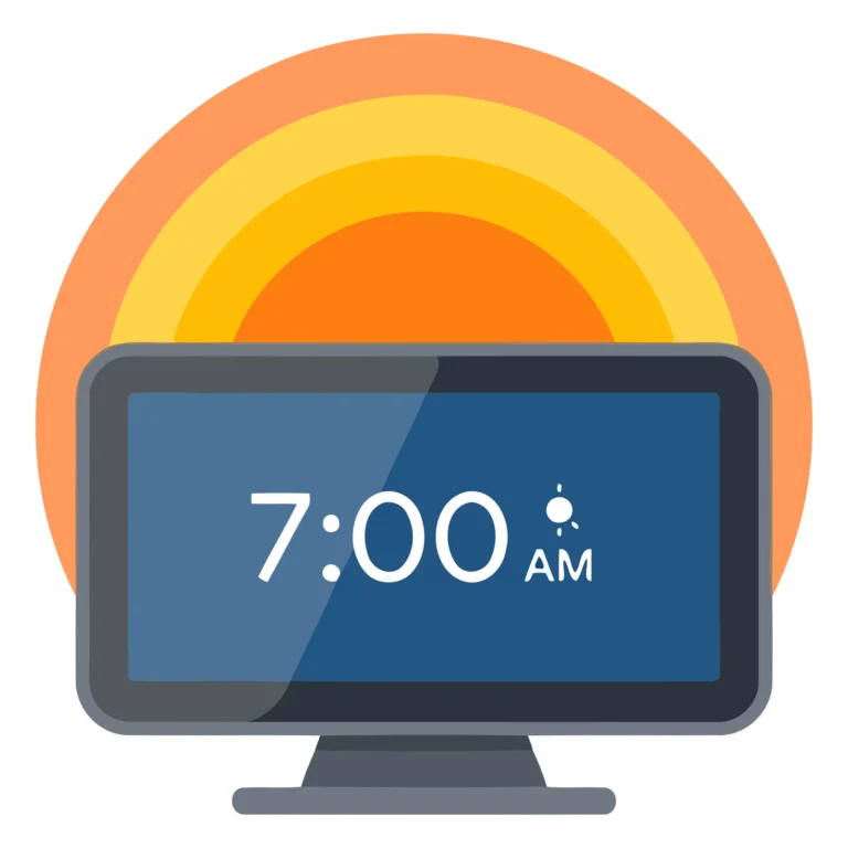 A digital clock showing 7:00 AM with a sunrise background