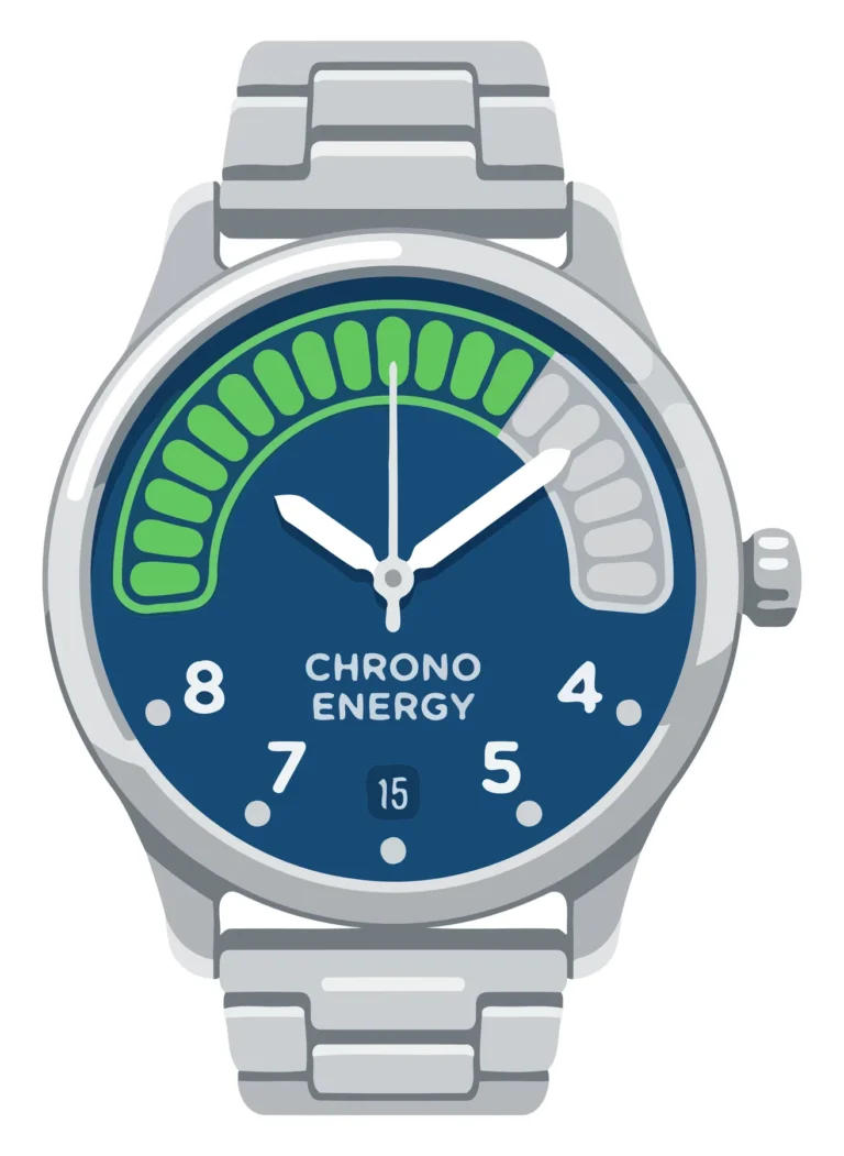 A stylized watch face with a green energy gauge and digital clock hands