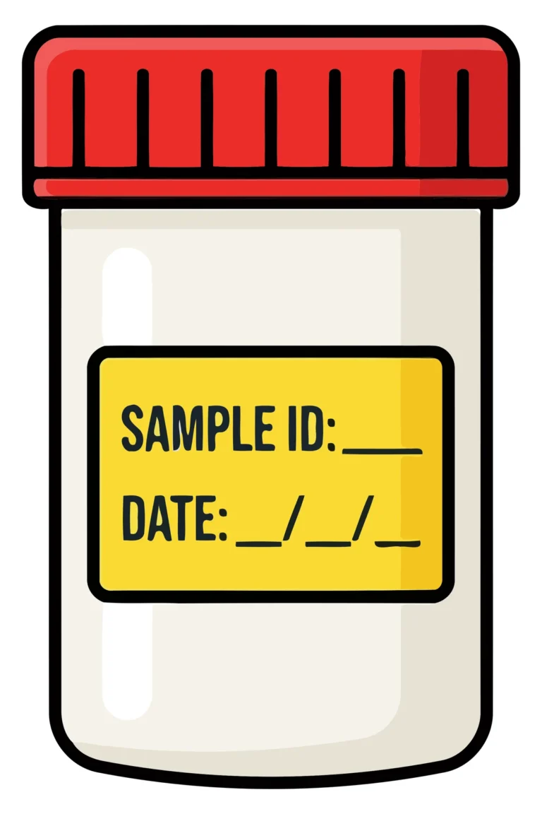 A stylized medical sample vial with placeholder text for ID and date on a yellow label.