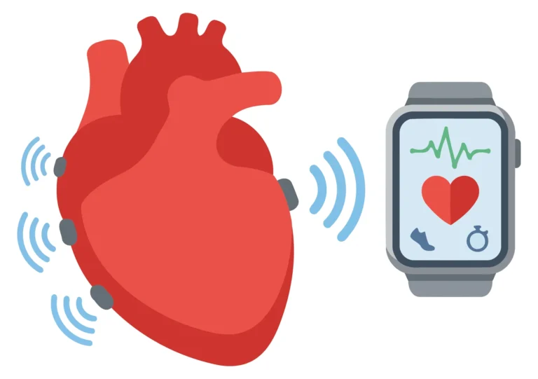 A red heart icon sending signals to a smartwatch displaying heart rate data.